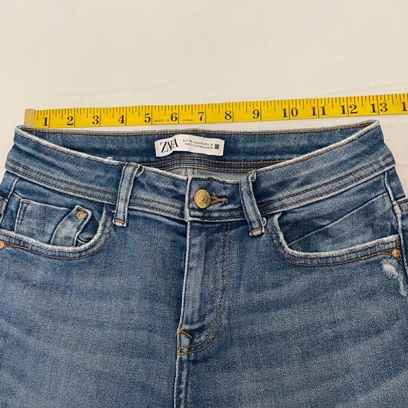 Zara Ankle Zip Jeans Womens Blue Distressed Ripped Stretch Denim Size 4 - Picture 8 of 11